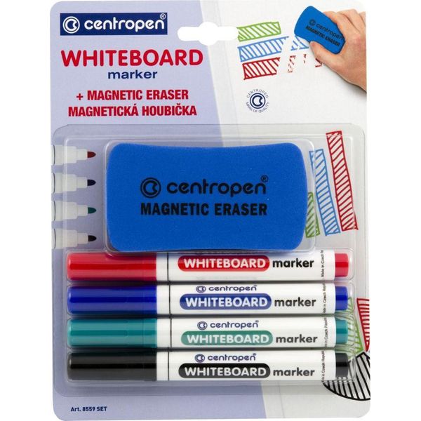 Set Di Pennarelli Per Lavagna Bianca Centropen 8559, Colore, 4 Pezzi, 2,5 Mm + Spugna Magnetica-image
