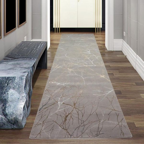Tappeto Di Design Con Motivo Astratto A Nodi Lucidi Color Oro Dimensioni - 80 X 300 Cm-image