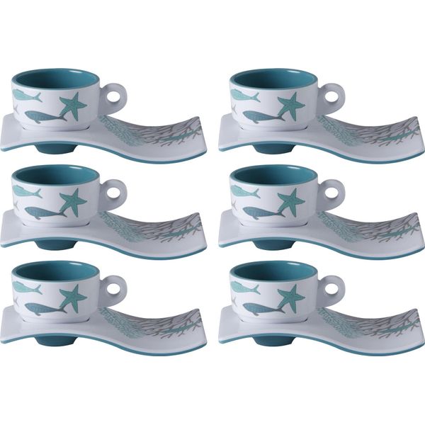 Tazza Da Caffè Espresso Con Sottobicchiere A Onda, Melamina, Coastal - Set Di 6-image