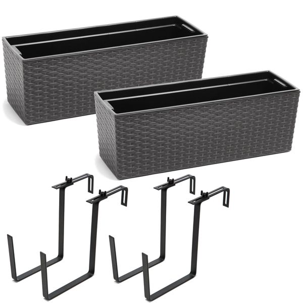 2 Pezzi Fioriera Cassetta Per Balcone Cassetta Per Ringhiera Vaso Per Balcone Portaoggetti In Metallo Grafite Rattan 56 X15X19 Cm Fioriera-image