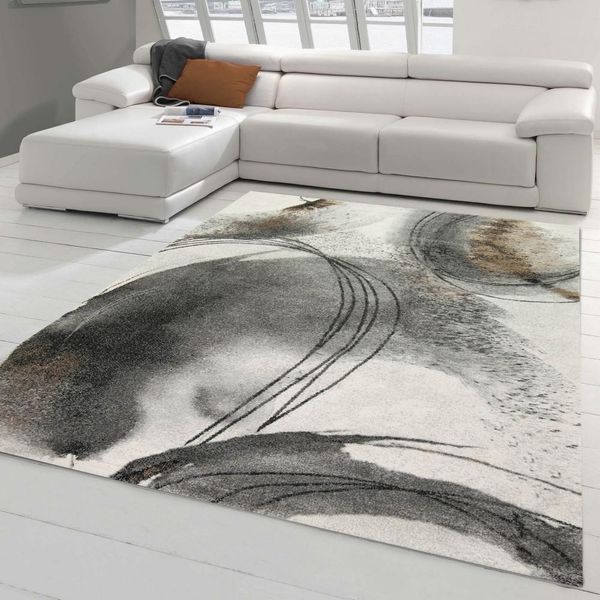 Tappeto Moderno Astratto Da Salotto Con Forme Circolari In Grigio Crema Dimensioni - 160X230 Cm-image
