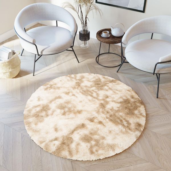 Tappeto Rotondo A Pelo Corto Soggiorno Camera Da Letto Beige Colorato Moderno Astratto Design Screziato 130 X 130 Cm-image