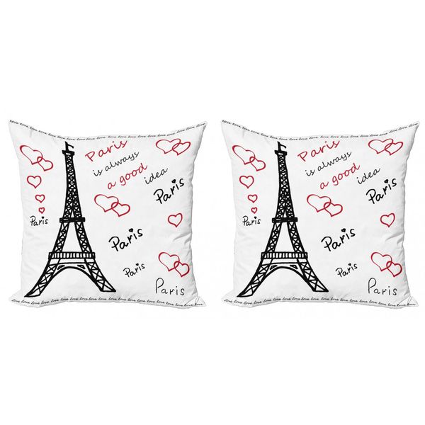 Abakuhaus Set Di Federe Per Cuscini Torre Eiffel (2 Pezzi), Torre Eiffel "Parigi è Sempre Una Buona Idea"" Luoghi Turistici Dolce Amore, 60X60 Cm, Rosso Nero Bianco"-image