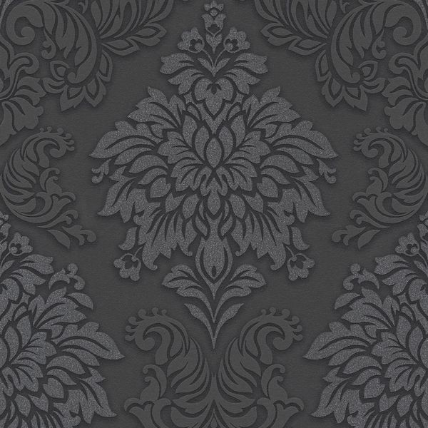 Carta Da Parati In Lana Ornamento Profhome 368984-GU Leggermente Goffrato Semilucido Nero Grigio Argento 5,33 M2-image