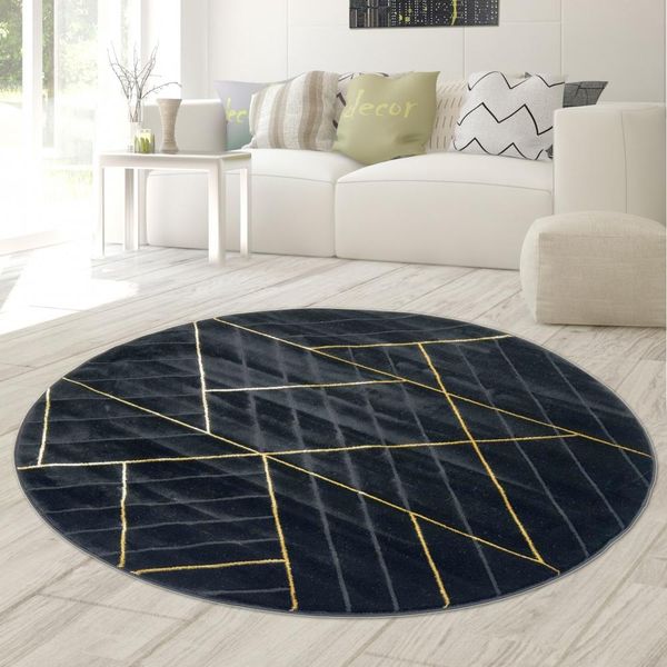Tappeto Moderno Di Design Motivo Geometrico In Oro Nero Dimensioni - 200 Cm Rotondo-image