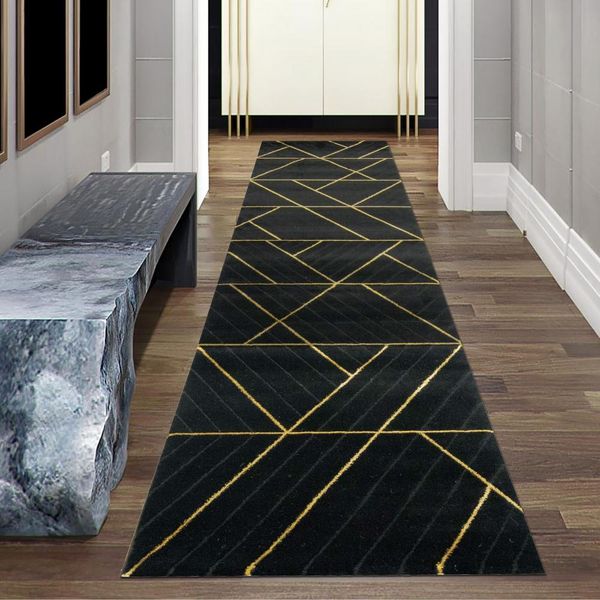 Tappeto Moderno Di Design Con Motivo Geometrico In Oro Nero Dimensioni - 80 X 300 Cm-image