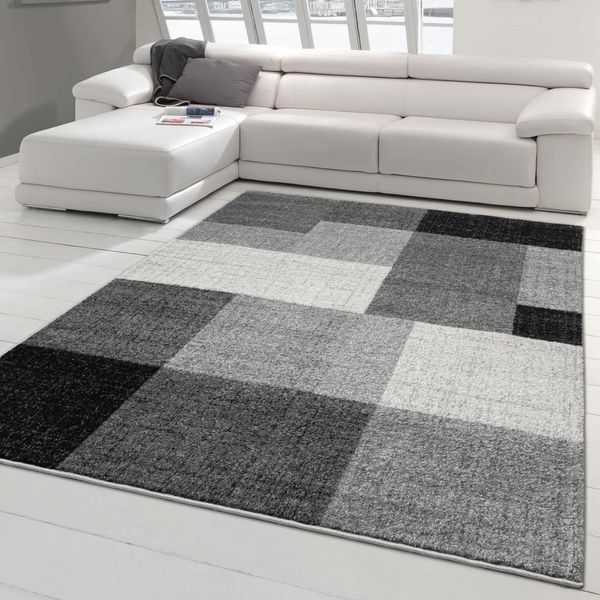 Tappeto Da Salotto Moderno Con Motivo Quadrato Grigio Crema Dimensioni - 140X200 Cm-image