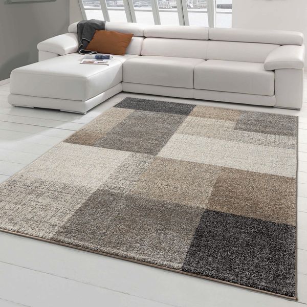 Tappeto Da Salotto Moderno Con Motivo Quadrato Grigio Beige Dimensioni - 120X160 Cm-image