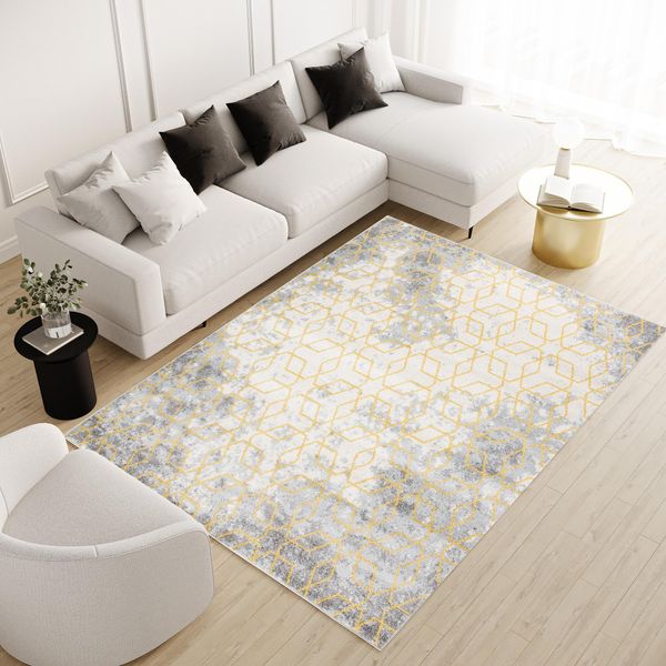 Tappeto Soggiorno Camera Da Letto A Pelo Corto Moderno Screziato Design Vintage Grigio Giallo ÖKotex 80 X 150 Cm-image