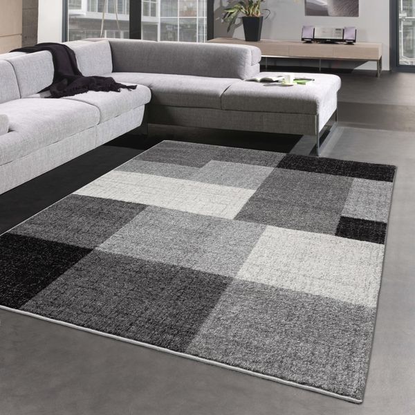 Tappeto Moderno Di Design Astratto A Quadri In Crema Antracite Dimensioni - 200X280 Cm-image