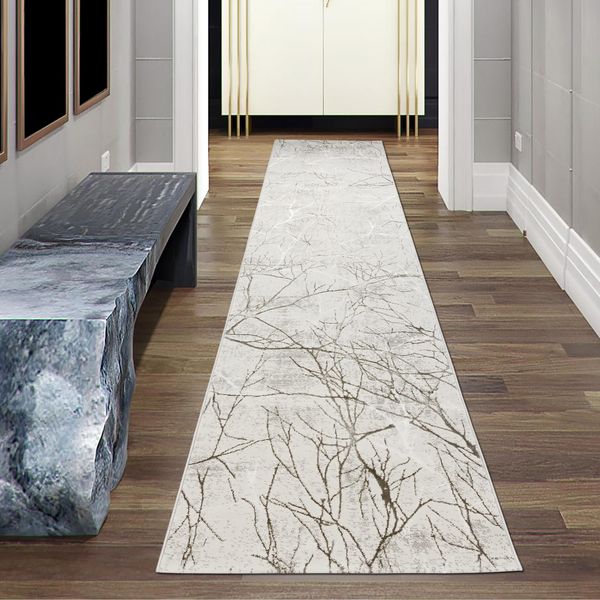 Tappeto Di Design Con Motivo Astratto A Nodi Lucidi Color Crema Dimensioni - 80 X 300 Cm-image