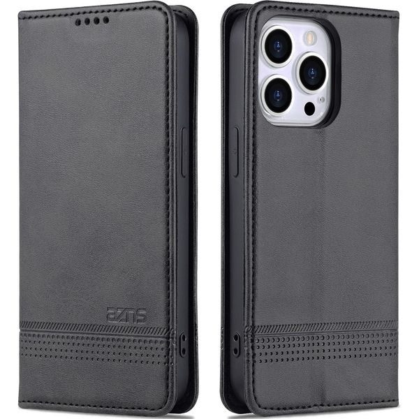 Custodia Per Iphone 14 Pro Max, Portafoglio Con Chiusura Magnetica E Supporto, Custodia Flip In Pelle Nera-image