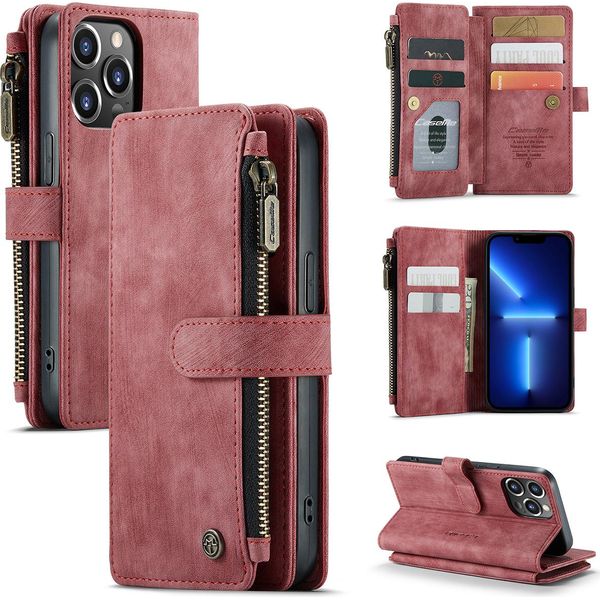 Custodia In Pelle Per Iphone 14 Pro Max, Custodia In Finto Cuoio Con Cerniera, Chiusura Magnetica, Tasca Per Carte, Supporto, Custodia A Portafoglio Rosso-image