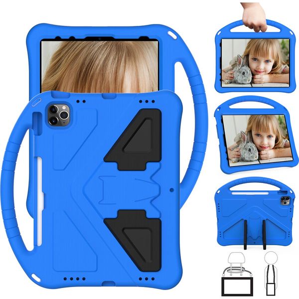 Custodia Per Bambini Per Ipad Air 5 2022/ Air 4 2020/ Pro 11 2021/2020/2018, Ipad 10.9" Air 5A/4A Generazione, Custodia Antiurto Leggera In Eva Con Supporto Pieghevole E Maniglia Blu"-image