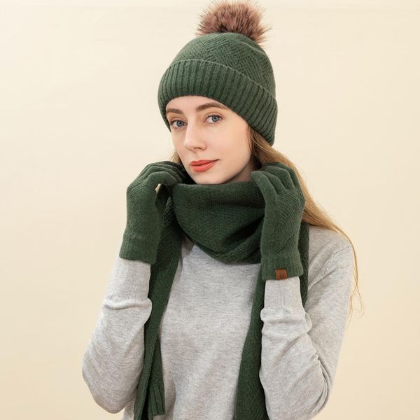 Set Di Sciarpa, Berretto E Guanti Invernali In Maglia, Cappello Morbido Ed Elasticizzato Con Morbidi Pompon, Sciarpa E Guanti Per Uomo E Donna, Verde Militare-image