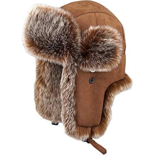 Cappello Da Aviatore Unisex In Pelle Scamosciata Antivento Per Trapper, Caldo Cappello Russo In Pelliccia Sintetica, Colore: Marrone, Taglia: L-image