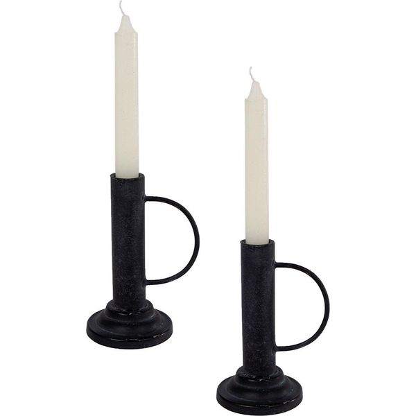 Elegante Portacandele Decorativo Di Circa 15 Cm In Set Da 2 In Metallo Nero Con Manico - Per Candele A Bastoncino-image