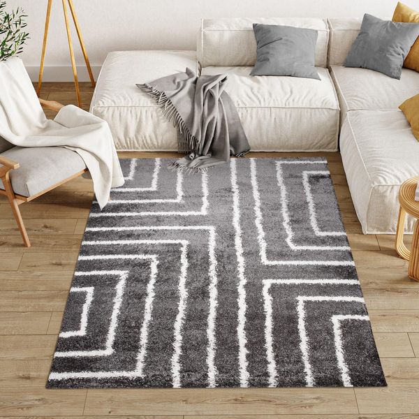 Tappeto Soggiorno Camera Da Letto Pelo Alto Shaggy Pelo Lungo Grigio Design Moderno 80 X 150 Cm-image