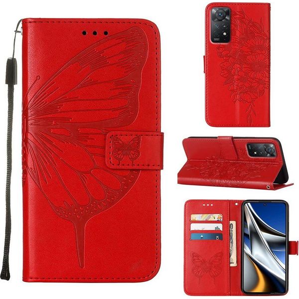 Redmi Note 11 Pro Case, Butterfly Relief Flip Custodia In Pelle Con Slot Per Schede E Stand Per Xiaomi Redmi Note 11 Pro 5G / 4G Rosso-image