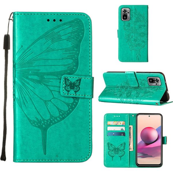 Redmi Note 10S Case, Butterfly Relief Flip Custodia In Pelle Con Slot Per Schede E Supporto Per Xiaomi Redmi Note 10S / Note 10 4G Verde-image