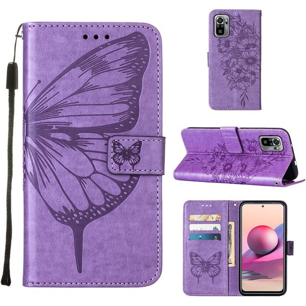 Redmi Note 10S Case, Farfalla Rilievo Flip Custodia In Pelle Con Slot Per Schede E Stand Per Xiaomi Redmi Note 10S / Note 10 4G Viola-image