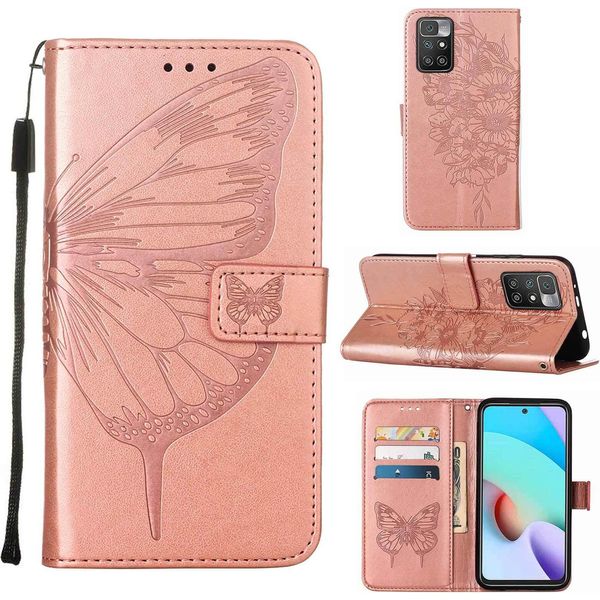 Redmi 10 Case, Butterfly Embossing Flip Leather Card Holder Custodia Protettiva In Pelle Con Stand Per Xiaomi Redmi 10 / 10 Prime Rose Gold-image