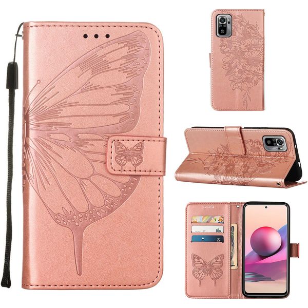 Redmi Note 10S Case, Butterfly Relief Flip Custodia In Pelle Con Slot Per Schede E Supporto Per Xiaomi Redmi Note 10S / Note 10 4G Rose Gold-image