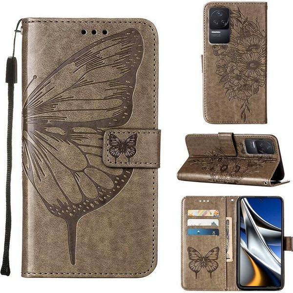 Redmi K50 Case, Butterfly Embossing Flip Leather Card Holder Custodia Protettiva In Pelle Con Stand Per Xiaomi Redmi K50 / K50 Pro Grigio-image