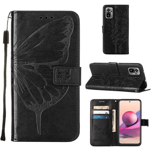 Redmi Note 10S Case, Butterfly Embossing Flip Leather Card Holder Custodia Protettiva In Pelle Con Supporto Per Xiaomi Redmi Note 10S / Note 10 4G Nero-image