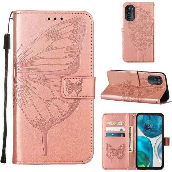 Moto G52 Case, Butterfly Relief Flip Custodia In Pelle Con Slot Per Schede E Stand Per Motorola Moto G52 Rose Gold-image