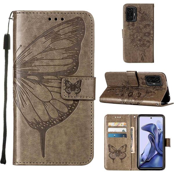 Xiaomi 11T Pro Case, Butterfly Relief Flip Custodia In Pelle Con Slot Per Schede E Stand Per Xiaomi 11T/11T Pro 5G Grigio-image