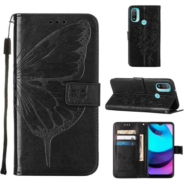 Moto E20 Case, Butterfly Relief Flip Custodia In Pelle Con Slot Per Schede E Stand Per Motorola Moto E20 / E30 / E40 Nero-image