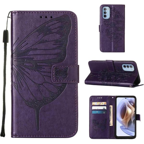 Moto G31 Case, Butterfly Relief Flip Custodia In Pelle Con Slot Per Schede E Stand Per Motorola Moto G31 Purple-image