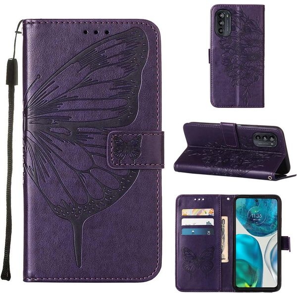 Moto G52 Case, Butterfly Embossed Flip Leather Card Holder Custodia Protettiva In Pelle Con Supporto Per Motorola Moto G52 Purple-image