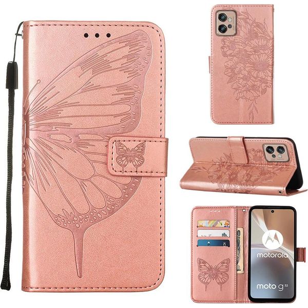 Moto G32 Case, Butterfly Relief Flip Custodia In Pelle Con Slot Per Schede E Stand Per Motorola Moto G32 Rose Gold-image