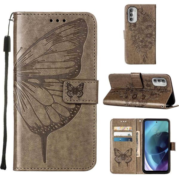Moto G51 5G Case, Farfalla Rilievo Flip Custodia In Pelle Con Slot Per Schede E Stand Per Motorola Moto G51 5G Grigio-image