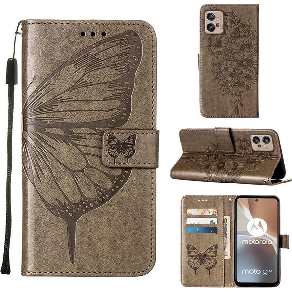 Moto G32 Case, Butterfly Relief Flip Custodia In Pelle Con Slot Per Schede E Stand Per Motorola Moto G32 Grey-image