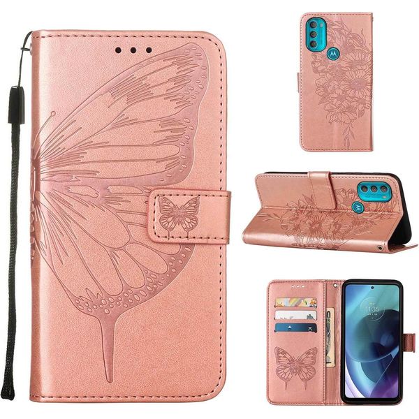Moto G71 5G Case, Butterfly Relief Flip Custodia In Pelle Con Slot Per Schede E Stand Per Motorola Moto G71 5G Rose Gold-image