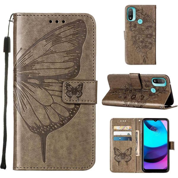 Moto E20 Case, Butterfly Embossed Flip Leather Card Holder Custodia Protettiva In Pelle Con Supporto Per Motorola Moto E20 / E30 / E40 Grey-image