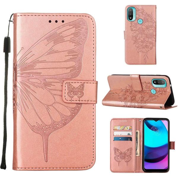 Moto E20 Case, Butterfly Relief Flip Custodia In Pelle Con Slot Per Schede E Stand Per Motorola Moto E20 / E30 / E40 Rose Gold-image