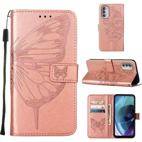 Moto G51 5G Case, Butterfly Relief Flip Custodia In Pelle Con Slot Per Schede E Stand Per Motorola Moto G51 5G Rose Gold-image