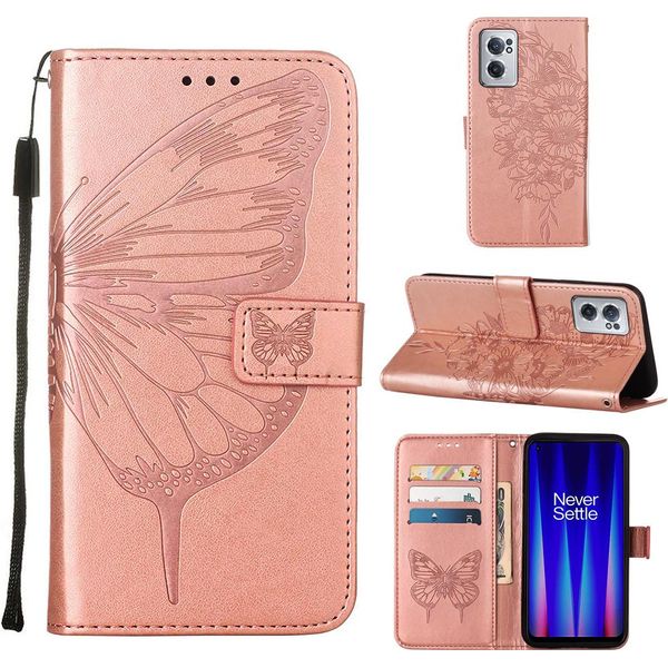 Oneplus Nord Ce 2 5G Case, Butterfly Emboss Flip Custodia In Pelle Con Slot Per Schede E Supporto Per Oneplus Nord Ce 2 5G Rose Gold-image