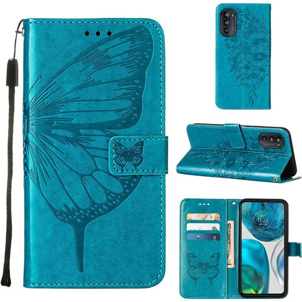 Moto G52 Case, Butterfly Relief Flip Custodia In Pelle Con Slot Per Schede E Stand Per Motorola Moto G52 Blu-image