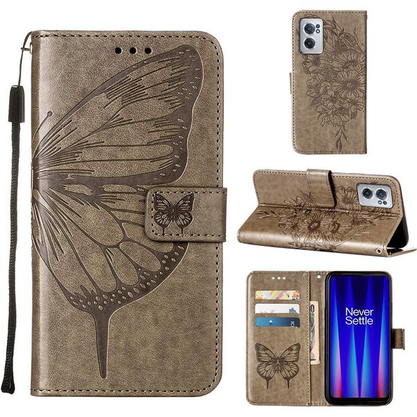 Oneplus Nord Ce 2 5G Case, Butterfly Emboss Flip Custodia In Pelle Con Slot Per Schede E Supporto Per Oneplus Nord Ce 2 5G Grey-image