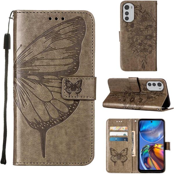 Moto E32 Case, Butterfly Relief Flip Custodia In Pelle Con Slot Per Schede E Stand Per Motorola Moto E32 Grey-image
