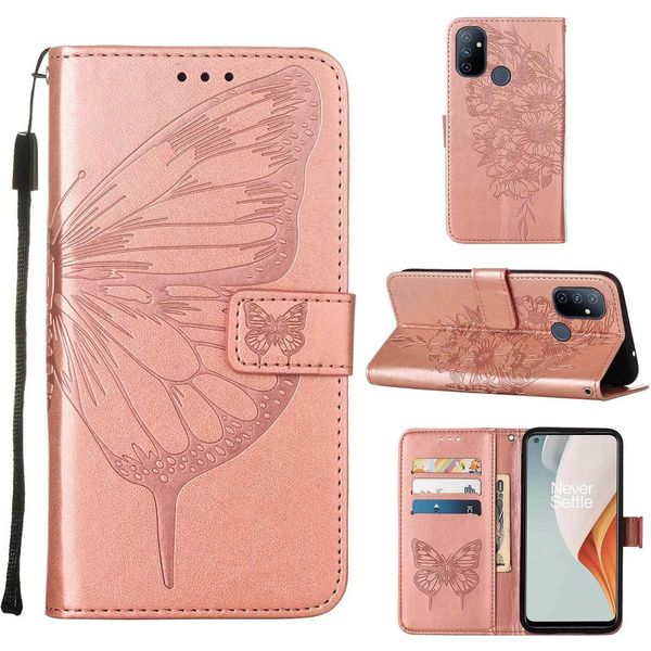 Custodia Per Oneplus Nord N100, Custodia In Pelle A Farfalla In Rilievo Con Slot Per Schede E Supporto Per Oneplus Nord N100 Oro Rosa-image
