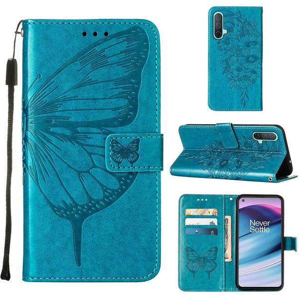 Oneplus Nord Ce 5G Case, Butterfly Relief Flip Custodia In Pelle Con Slot Per Schede E Stand Per Oneplus Nord Ce 5G Blu-image