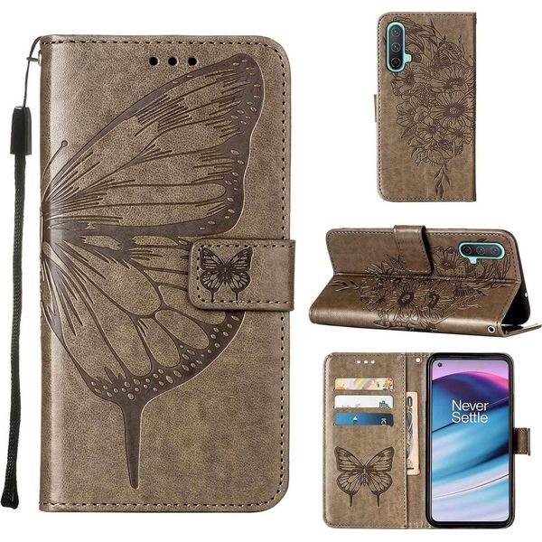 Oneplus Nord Ce 5G Case, Butterfly Relief Flip Custodia In Pelle Con Slot Per Schede E Stand Per Oneplus Nord Ce 5G Grigio-image
