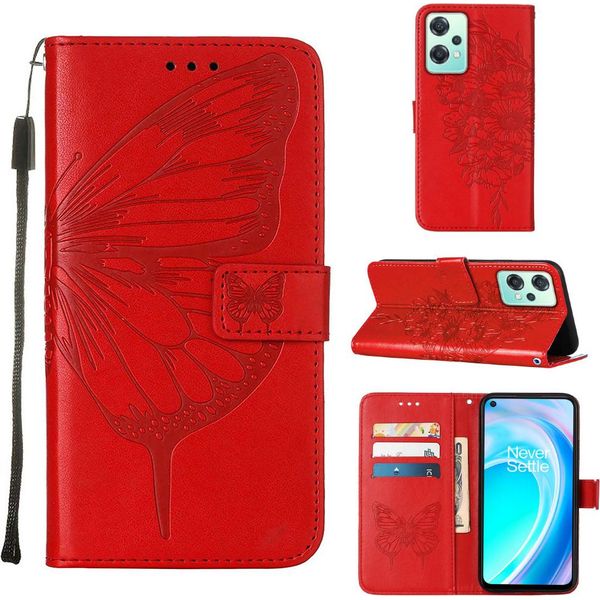 Oneplus Nord Ce 2 Lite 5G Case, Butterfly Relief Custodia In Pelle Flip Con Slot Per Schede E Stand Per Oneplus Nord Ce 2 Lite 5G Rosso-image