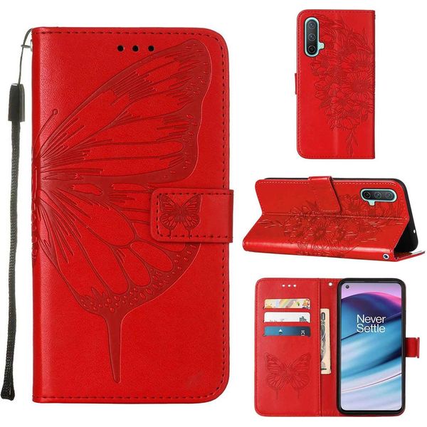 Oneplus Nord Ce 5G Case, Butterfly Relief Flip Custodia In Pelle Con Slot Per Schede E Stand Per Oneplus Nord Ce 5G Red-image